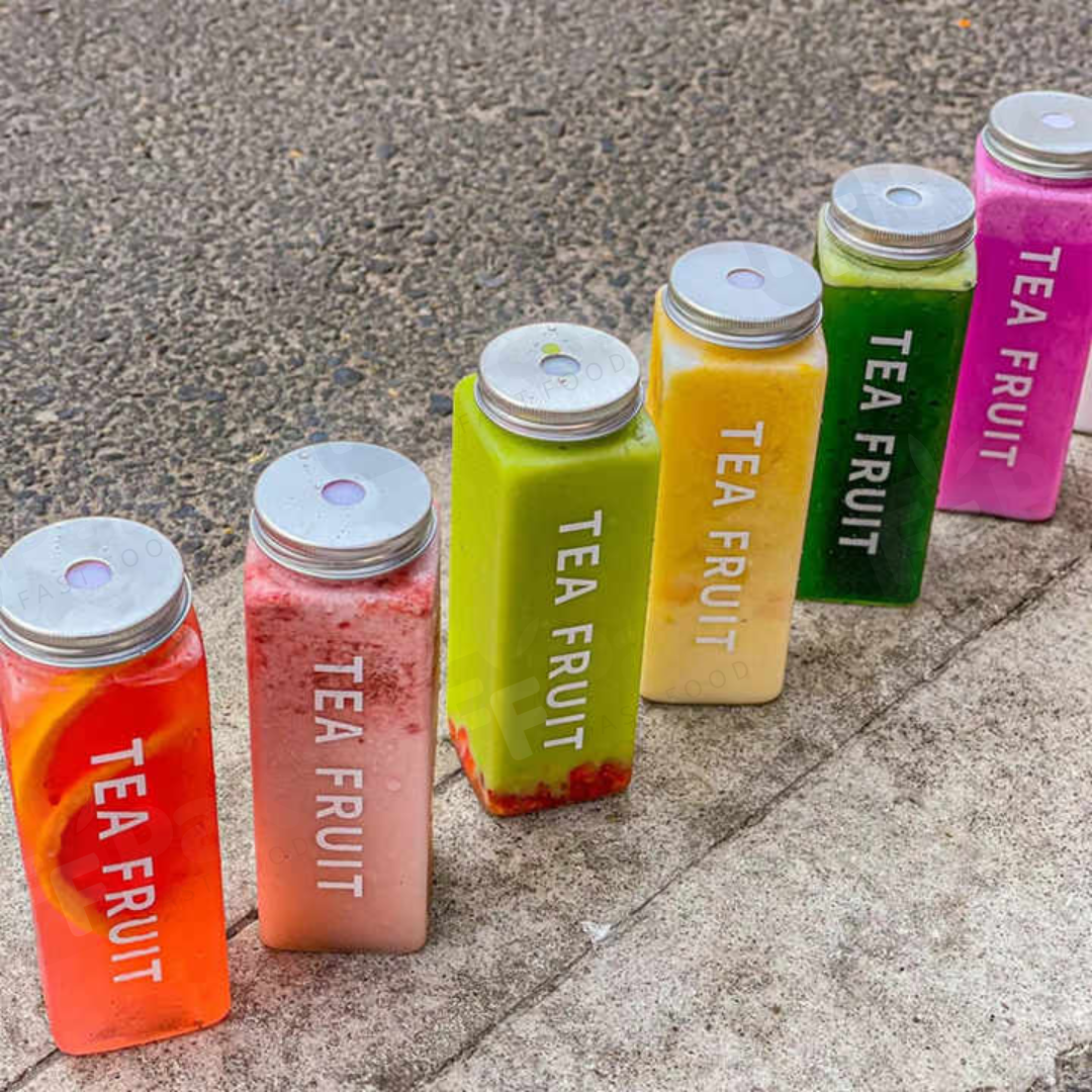 Custom Logo PET Can PET Bottles 350ml/400ml/500ml Rectangle Shape Milk Tea Empty Juice Bottle With Aluminum Screw Lids - Fastfoodpak