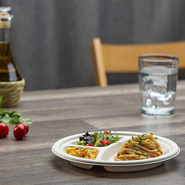 Compostable Heavy-Duty Brown Unbleached Eco-Friendly Disposable Sugarcane Paper 9 Inch 3 Compartment Plates - Fastfoodpak
