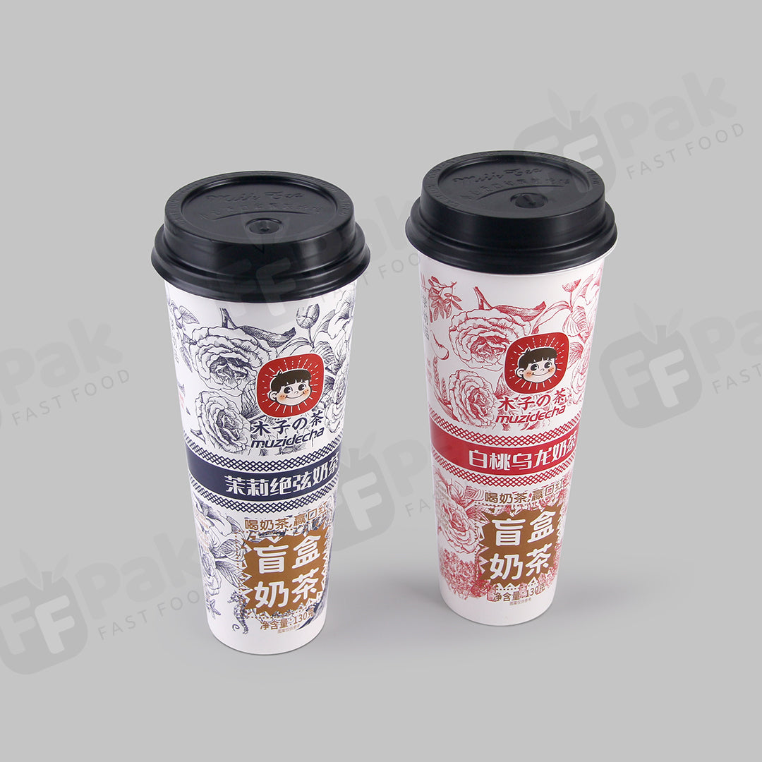 Custom Design Logo Printed Disposable Boba Cups Bubble Cups Takeaway Single Wall Paper Cups Blind Box Cups with Surprise Gift Space