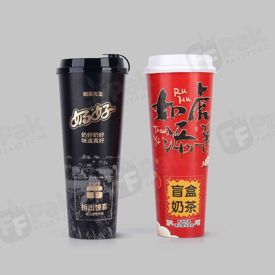 Custom Design Logo Printed Disposable Boba Cups Bubble Cups Takeaway Single Wall Paper Cups Blind Box Cups with Surprise Gift Space