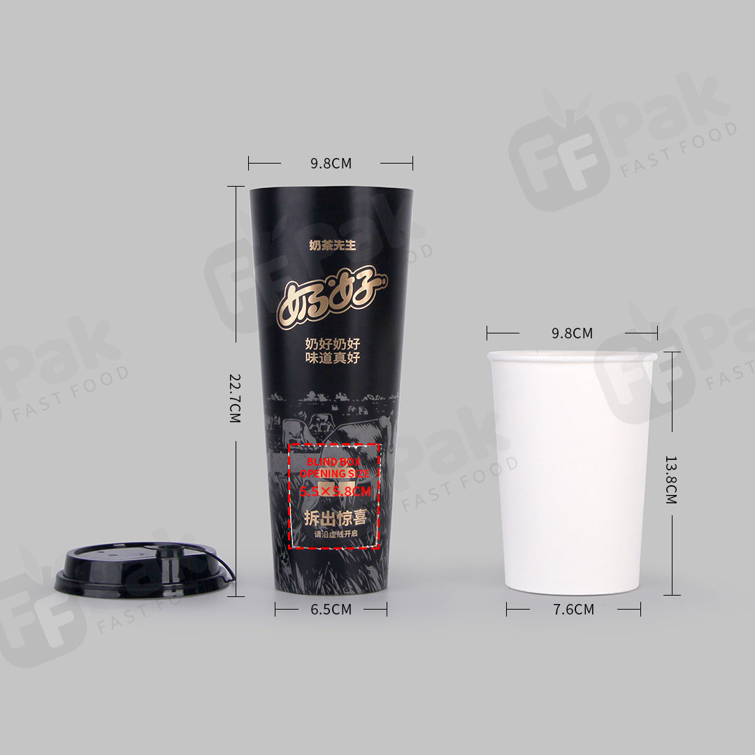 Custom Design Logo Printed Disposable Boba Cups Bubble Cups Takeaway Single Wall Paper Cups Blind Box Cups with Surprise Gift Space