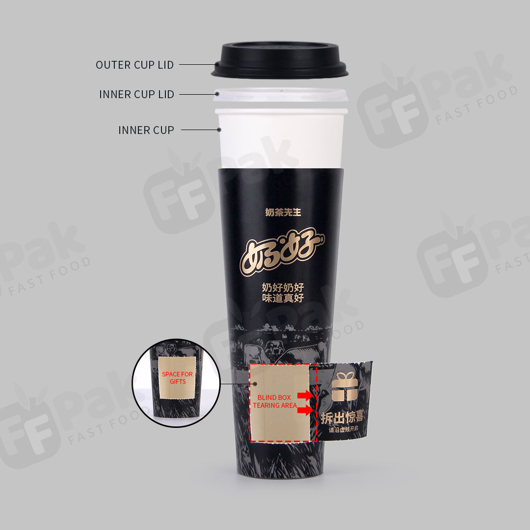 Custom Design Logo Printed Disposable Boba Cups Bubble Cups Takeaway Single Wall Paper Cups Blind Box Cups with Surprise Gift Space