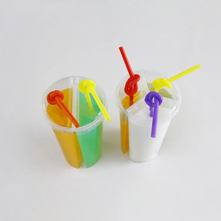 Custom Logo Twins Share Cups 700ml 2 Compartment Juice Boba Tea Bubble Tea Double Shared 2 Compartment Juice Cup With Lid