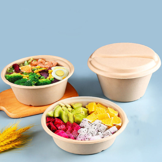 Eco Friendly Disposable Round Sugarcane Bagasse Pulp Biodegradable Bowl With Lid