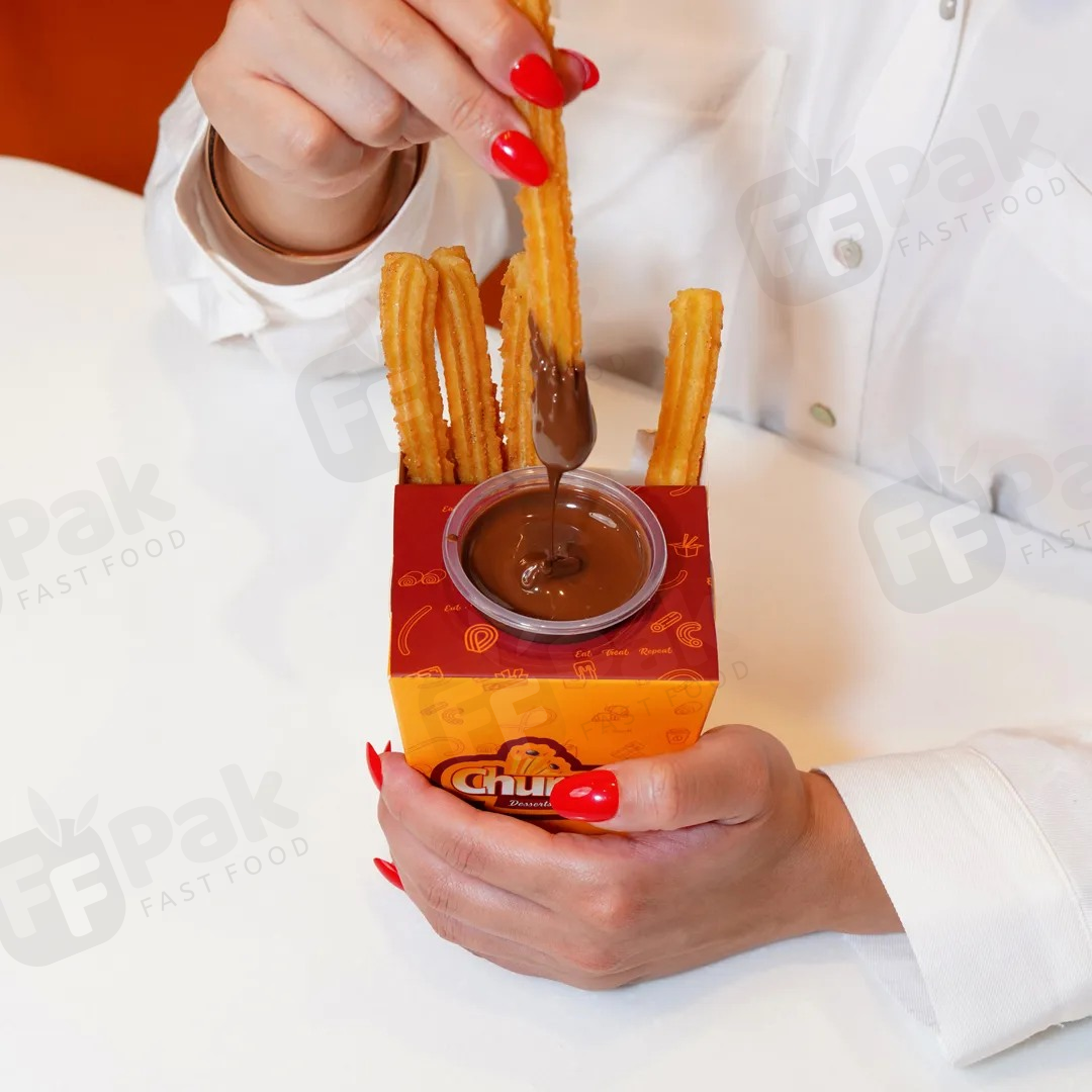 Take Away Food Grade Customized Logo Printed Food Packaging Churros Paper Box With Cup Hole Holder