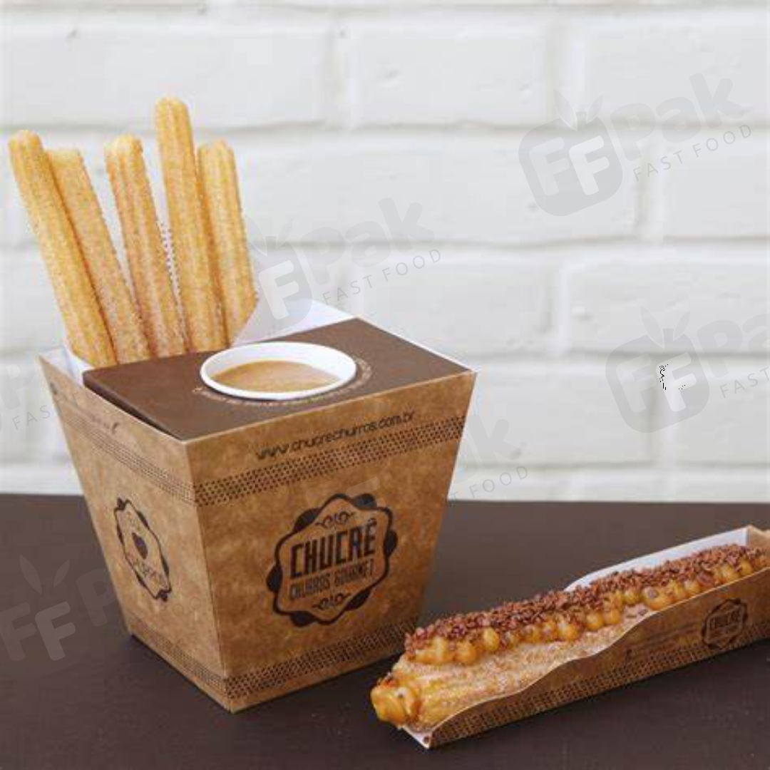 Take Away Food Grade Customized Logo Printed Food Packaging Churros Paper Box With Cup Hole Holder