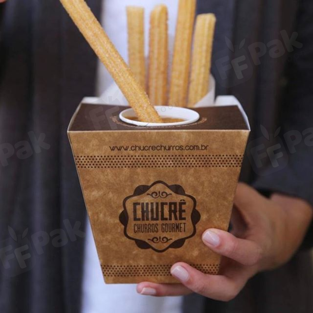 Take Away Food Grade Customized Logo Printed Food Packaging Churros Paper Box With Cup Hole Holder