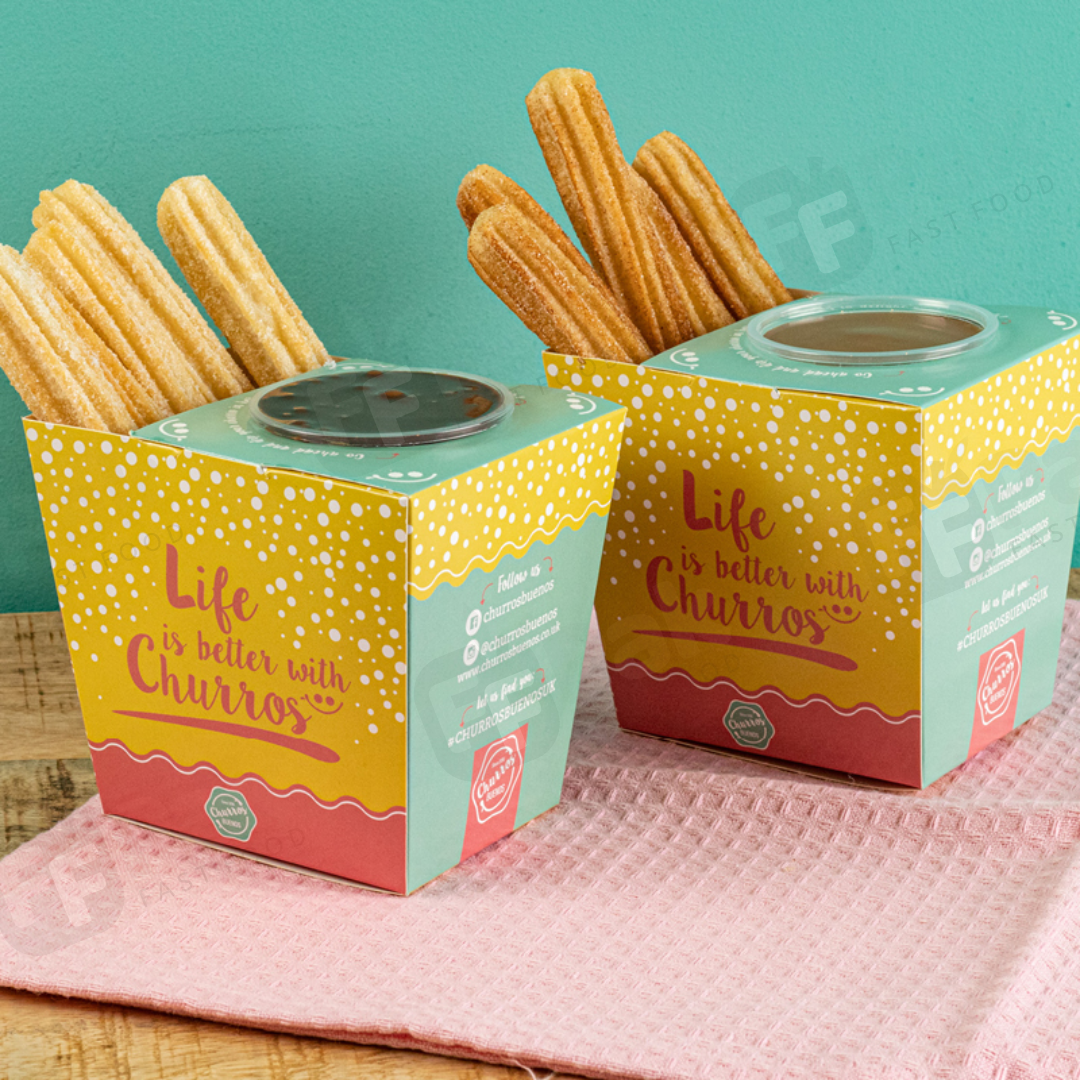 Take Away Food Grade Customized Logo Printed Food Packaging Churros Paper Box With Cup Hole Holder