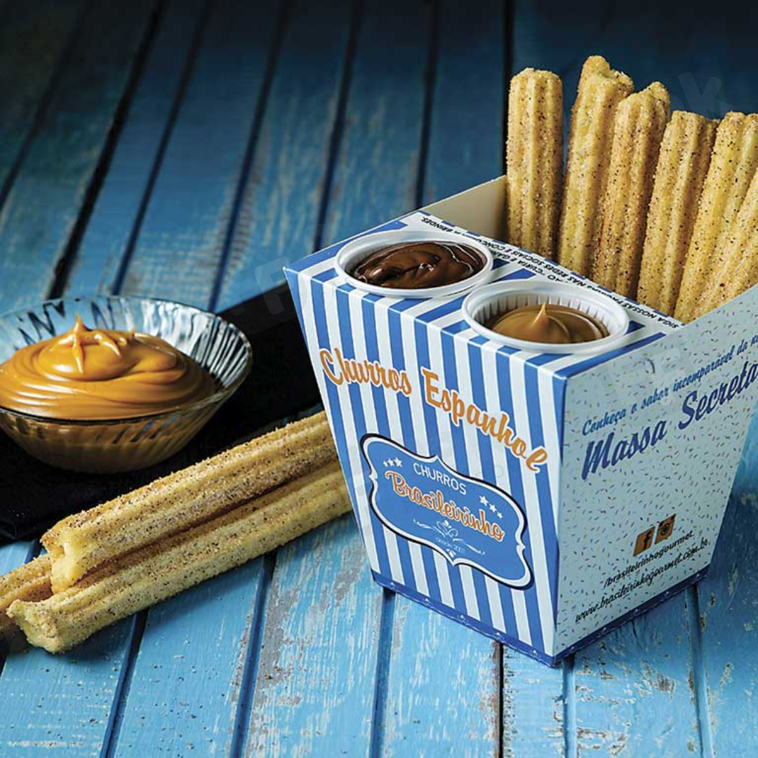 Take Away Food Grade Customized Logo Printed Food Packaging Churros Paper Box With Cup Hole Holder