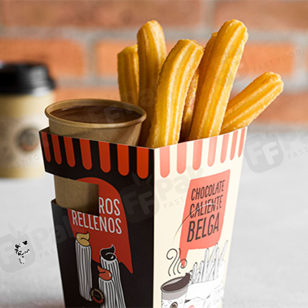 Take Away Food Grade Customized Logo Printed Food Packaging Churros Paper Box With Cup Hole Holder