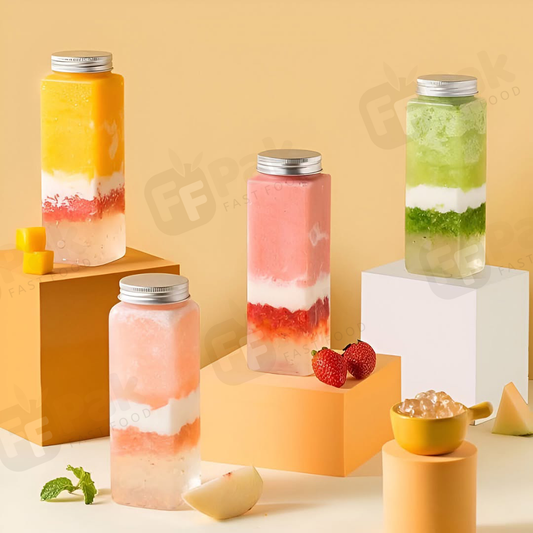 Custom Logo PET Can PET Bottles 350ml/400ml/500ml Rectangle Shape Milk Tea Empty Juice Bottle With Aluminum Screw Lids - Fastfoodpak