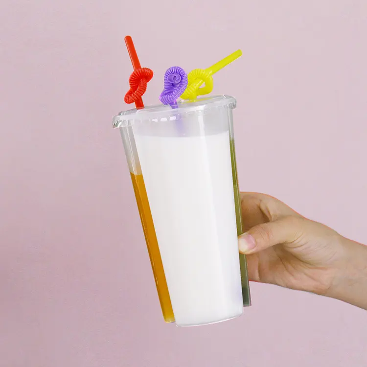 Custom Logo Twins Share Cups 700ml 2 Compartment Juice Boba Tea Bubble Tea Double Shared 2 Compartment Juice Cup With Lid - Fastfoodpak
