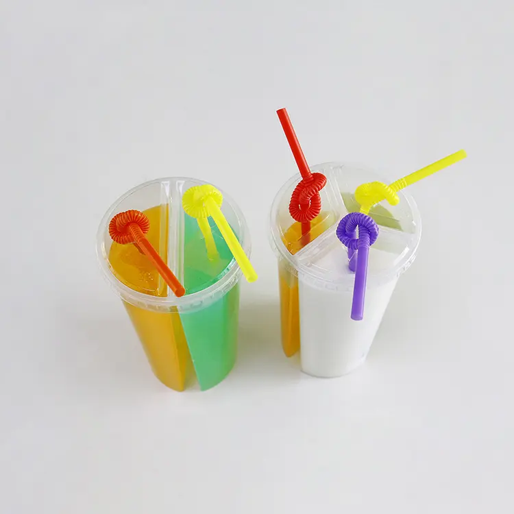 Custom Logo Twins Share Cups 700ml 2 Compartment Juice Boba Tea Bubble Tea Double Shared 2 Compartment Juice Cup With Lid - Fastfoodpak