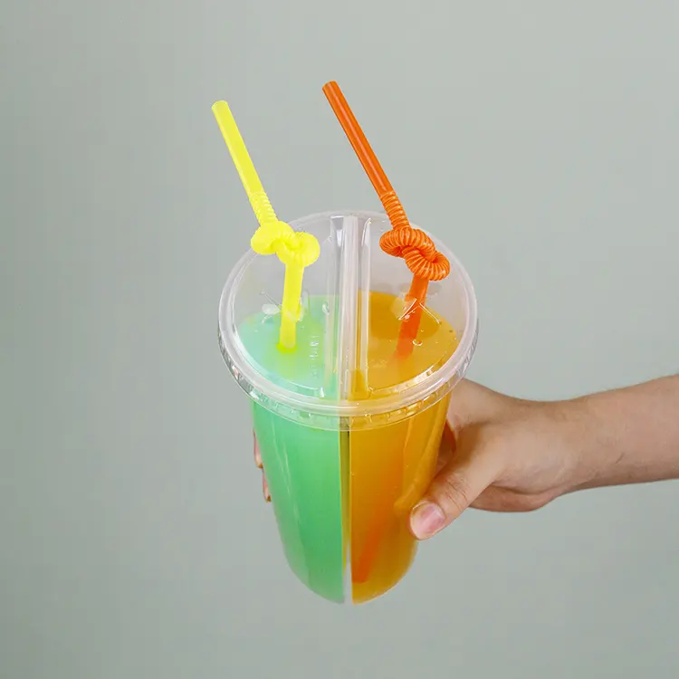 Custom Logo Twins Share Cups 700ml 2 Compartment Juice Boba Tea Bubble Tea Double Shared 2 Compartment Juice Cup With Lid - Fastfoodpak