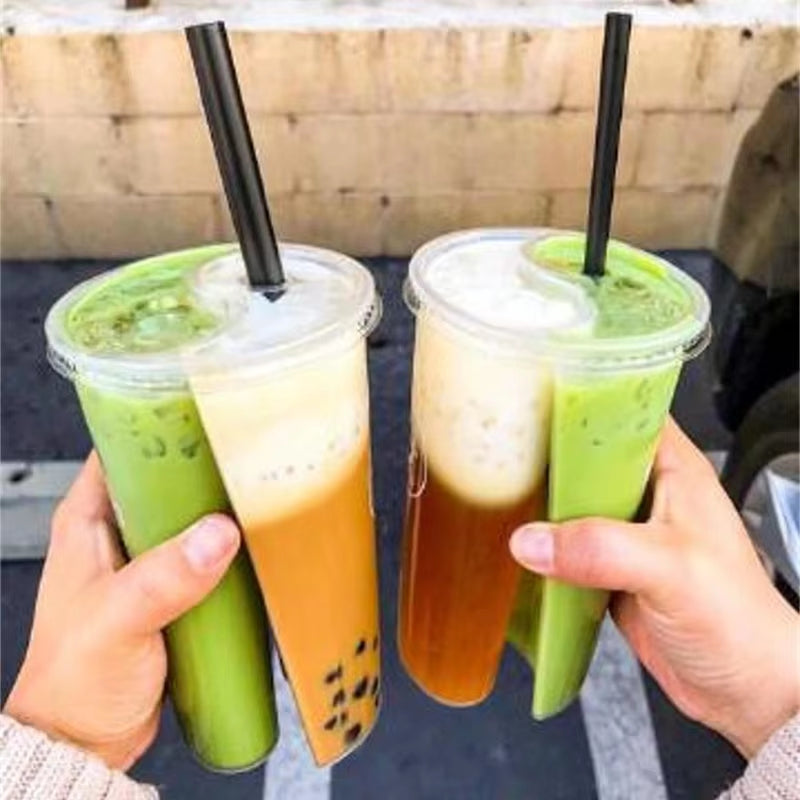 Custom Logo Twins Share Cups 700ml 2 Compartment Juice Boba Tea Bubble Tea Double Shared 2 Compartment Juice Cup With Lid - Fastfoodpak
