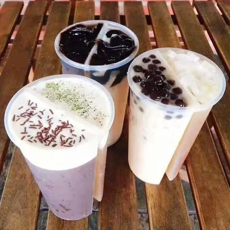 Custom Logo Twins Share Cups 700ml 2 Compartment Juice Boba Tea Bubble Tea Double Shared 2 Compartment Juice Cup With Lid - Fastfoodpak