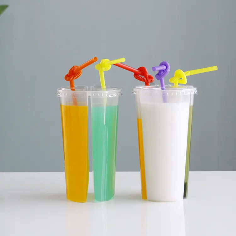 Custom Logo Twins Share Cups 700ml 2 Compartment Juice Boba Tea Bubble Tea Double Shared 2 Compartment Juice Cup With Lid - Fastfoodpak