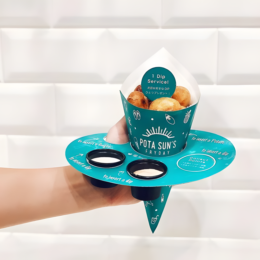 Custom Holder Cone Packaging and Plate with Sauce Cups for Fries