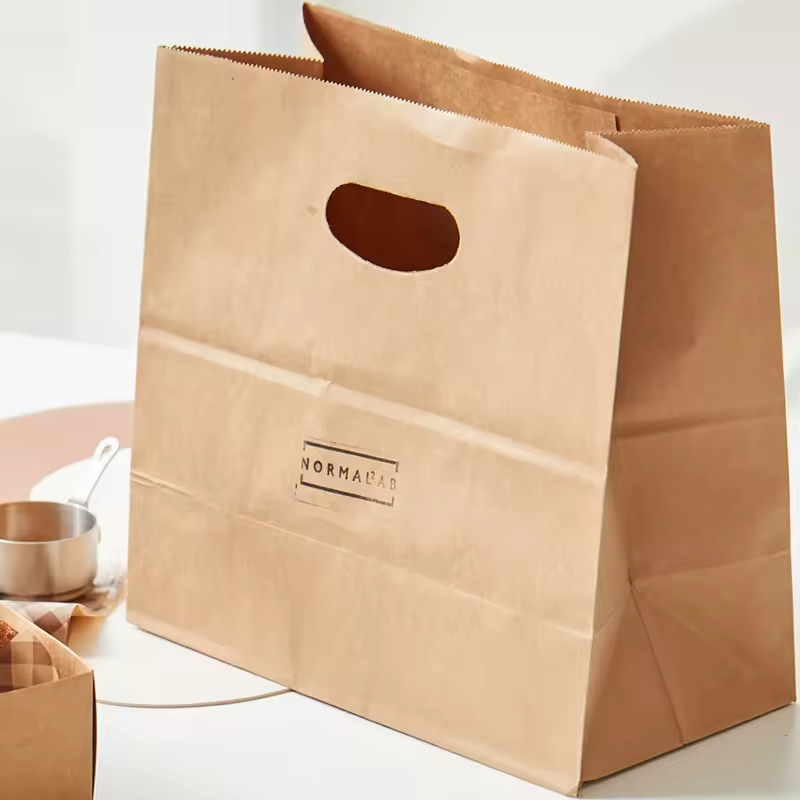 Wholesale Food Grade Kraft Take Away Food Die Cut Paper Bag Packaging with Logo