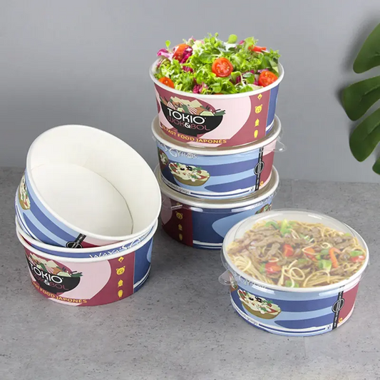 Contenedor de alimentos desechable impermeable a prueba de grasa tazón de sopa de papel Kraft con tapa de papel 