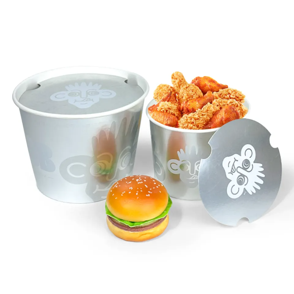 Cubo de pollo frito de papel personalizado al por mayor con tapa taza de pollo de papel de comida rápida