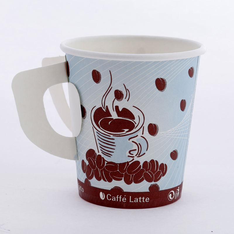 Vaso de papel de café de un solo recinto personalizado desechable con mango de mariposa para beber caliente