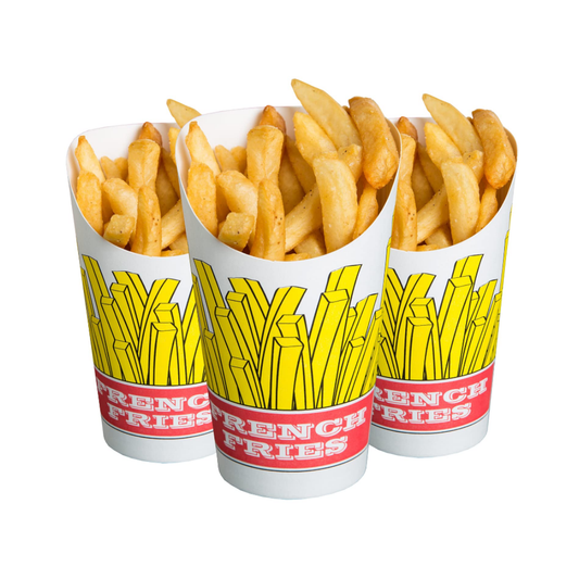 Cree la taza de papel para requisitos particulares disponible del arte de los tenedores de la patata frita para la comida para llevar de los bocados