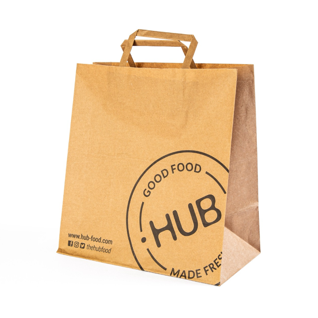 Le papier plat biodégradable écologique fait sur commande manipule le sac de papier d'emballage de restauration rapide à emporter de Brown pour l'emballage de restaurant