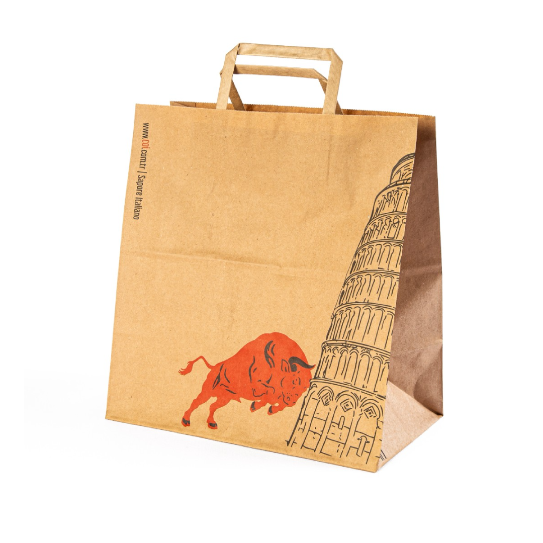Custom Made Eco Friendly Biodegradable Flat Paper Handles Brown Takeaway Fast Food Kraft Paper Bag For Restaurant Packaging