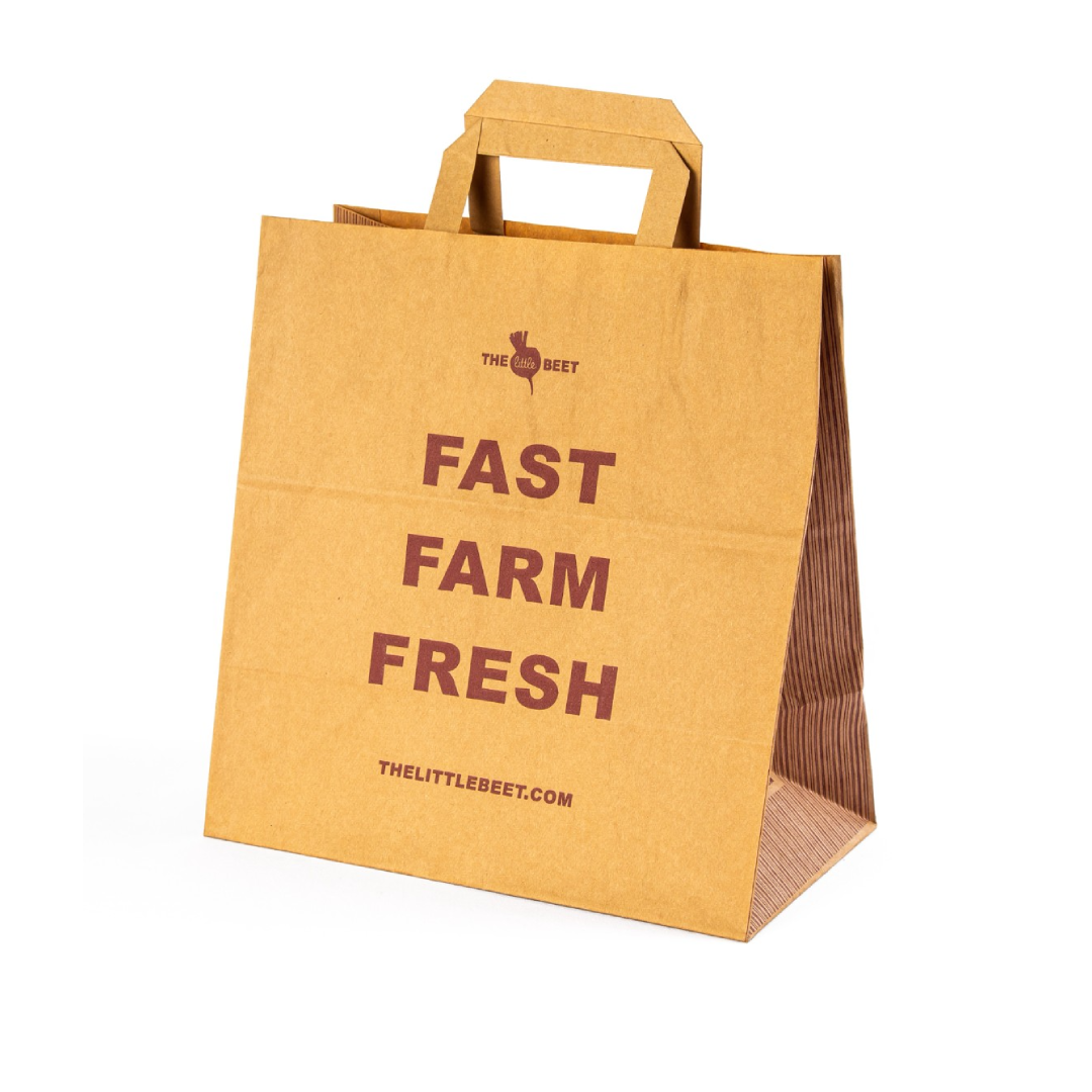 El papel plano biodegradable respetuoso del medio ambiente por encargo maneja la bolsa de papel de Kraft de la comida rápida para llevar de Brown para el empaquetado del restaurante