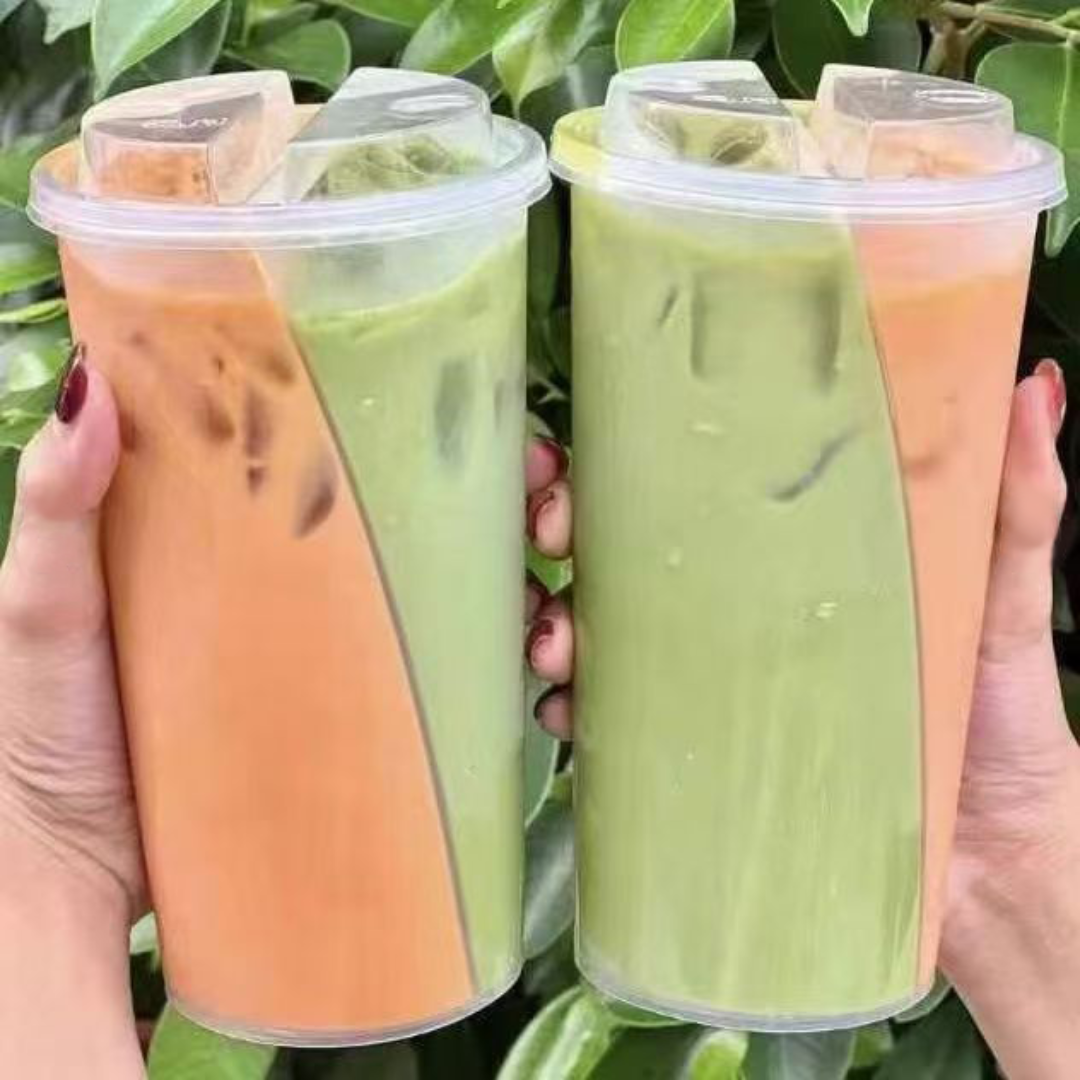 Custom Double Enjoy Bubble Tea Cup Disposable Twins Split Lovers Share Injection Disposable Plastic Cup