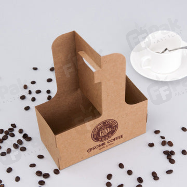 Corrugation Kraft Cardboard Take away Disposable Cup Carrier with handle - Fastfoodpak
