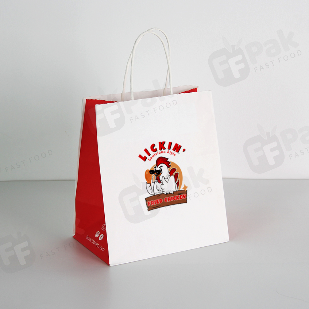 Eco-friendly custom food takeaway paper bag with reinforced handles and sleek design. The bag features vibrant branding with a company logo, ensuring durable packaging for hot and cold food items. Made from high-quality biodegradable materials, it's perfect for restaurants, cafes, and food delivery services committed to sustainability