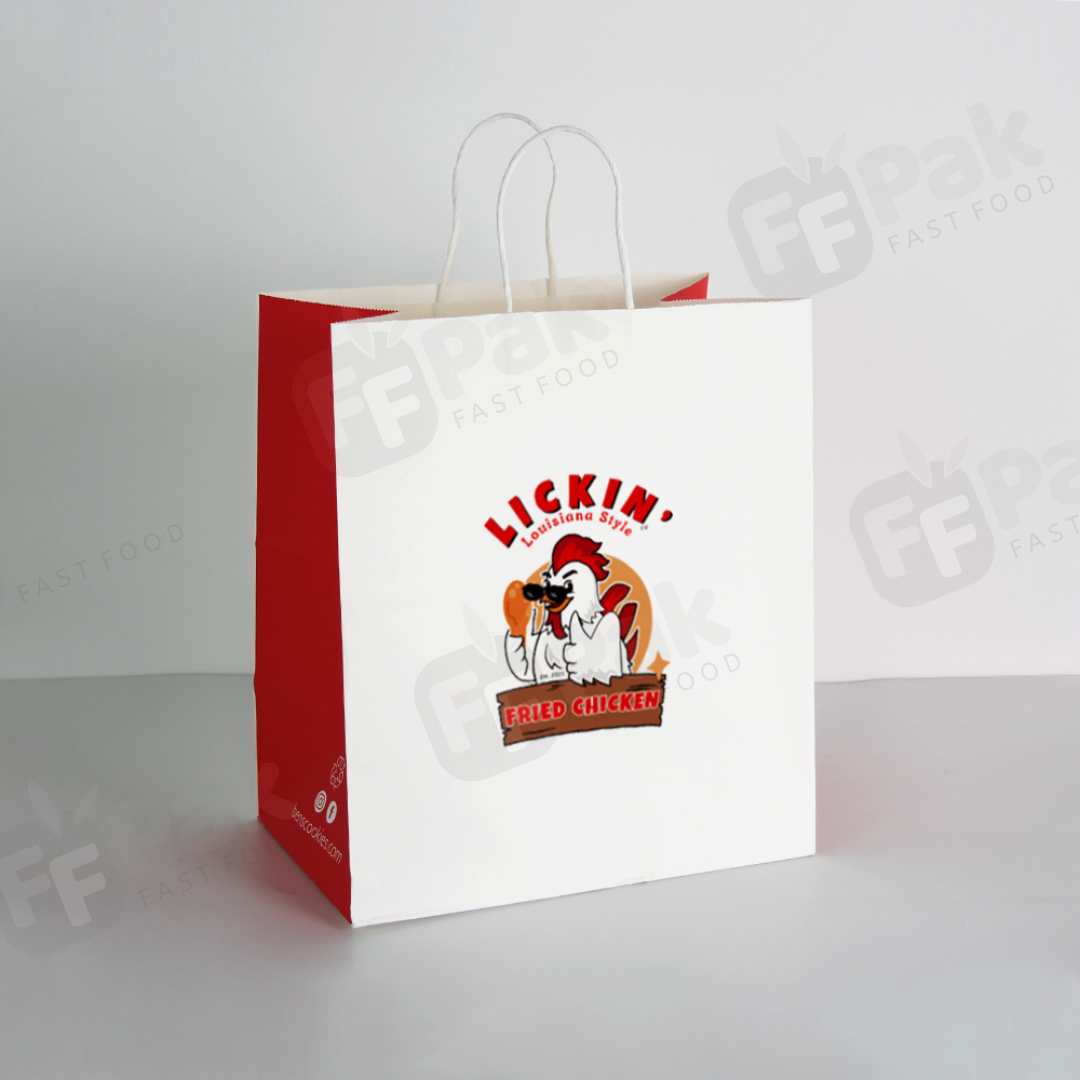 Eco-friendly custom food takeaway paper bag with reinforced handles and sleek design. The bag features vibrant branding with a company logo, ensuring durable packaging for hot and cold food items. Made from high-quality biodegradable materials, it's perfect for restaurants, cafes, and food delivery services committed to sustainability