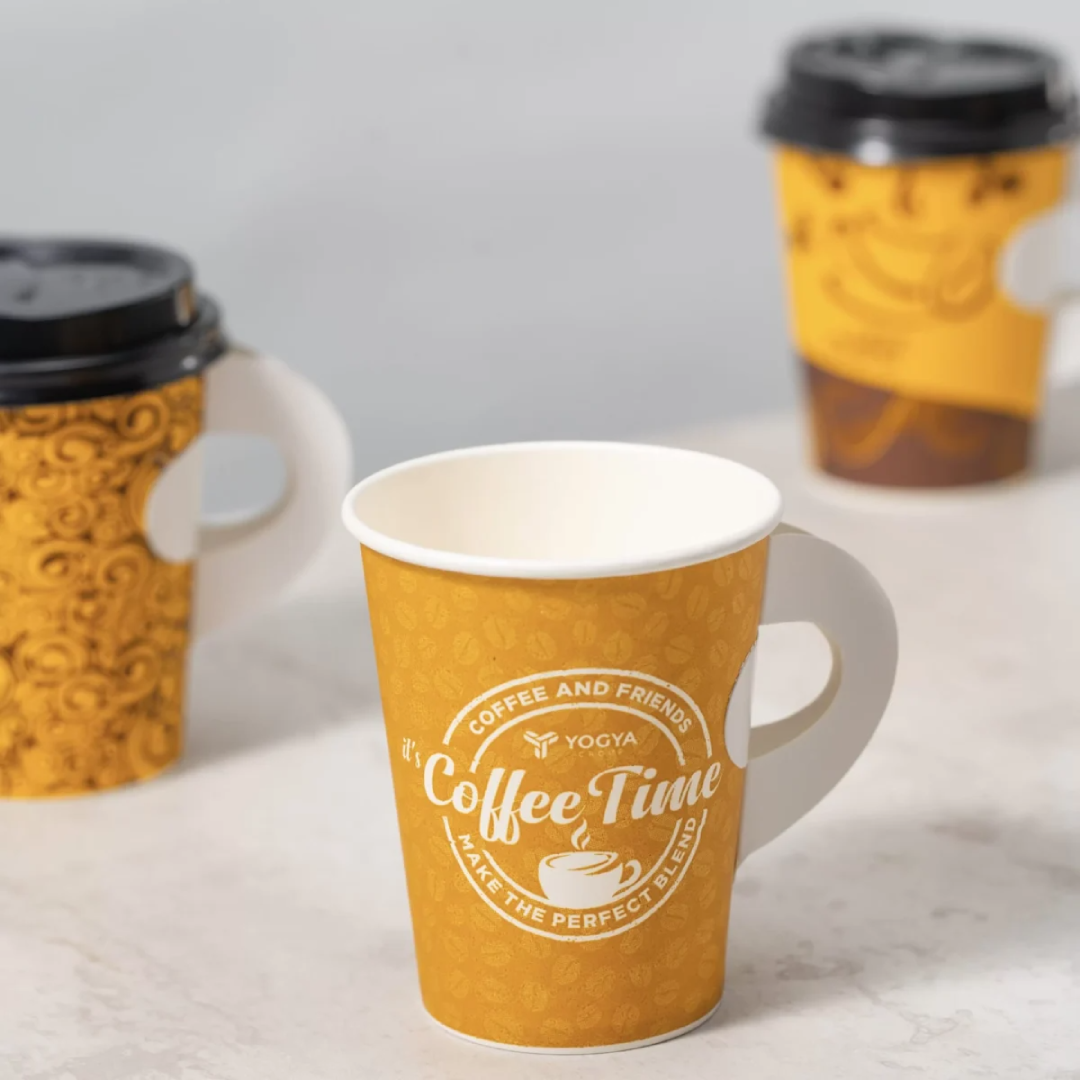 Vaso de papel de café de un solo recinto personalizado desechable con mango de mariposa para beber caliente