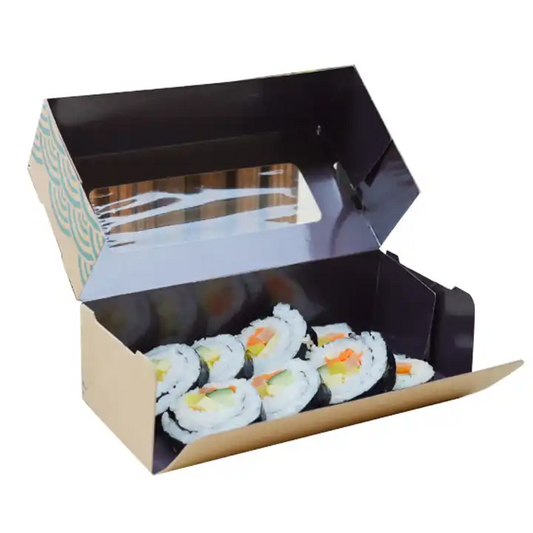 Caja de papel desechable para llevar, almuerzo de arroz de Sushi chino, blanco y negro, impreso personalizado, embalaje de grado alimenticio para llevar
