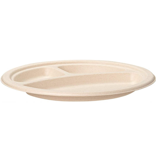 Compostable Heavy-Duty Brown Unbleached Eco-Friendly Disposable Sugarcane Paper 9 Inch 3 Compartment Plates - Fastfoodpak