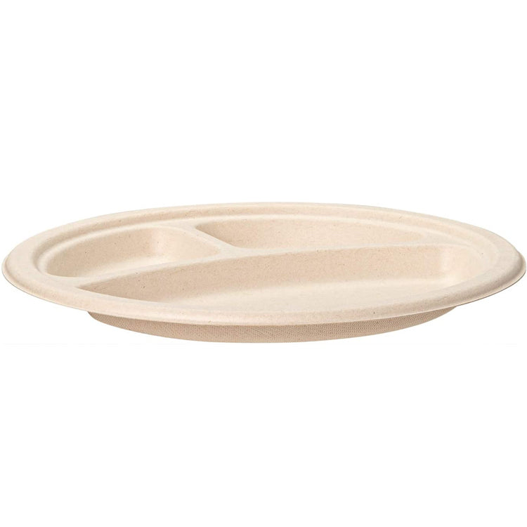 Compostable Heavy-Duty Brown Unbleached Eco-Friendly Disposable Sugarcane Paper 9 Inch 3 Compartment Plates