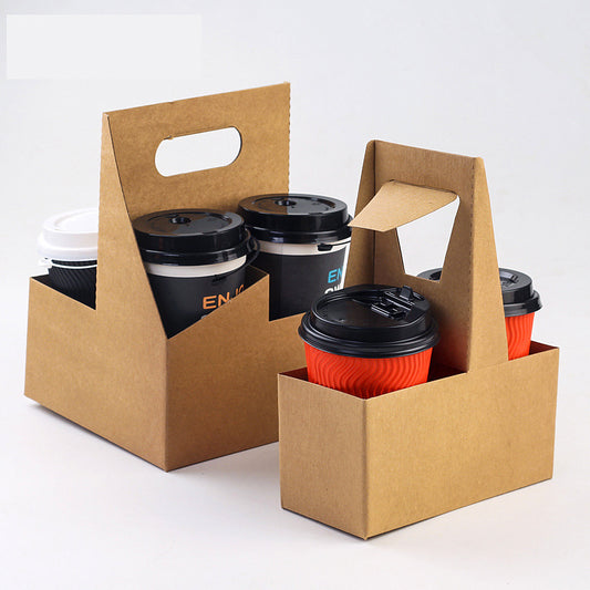 Customized Print Disposable Kraft Paperboard Cup Carrier Foldable Drink Carrier with Handle