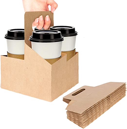 Customized Print Disposable Kraft Paperboard Cup Carrier Foldable Drink Carrier with Handle