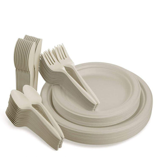 Disposable Dinnerware Set Compostable Cutlery Biodegradable Sugarcane Paper Plates Forks Spoons for Party BBQ Picnic