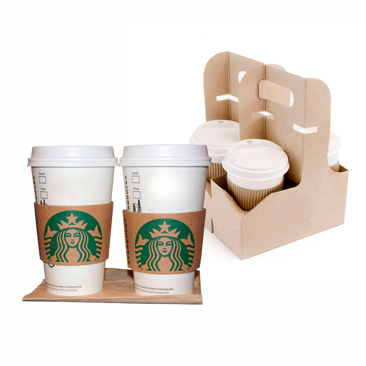 Customized Disposable Kraft Tea Coffee Carrier Paper Cup Holder With Handle