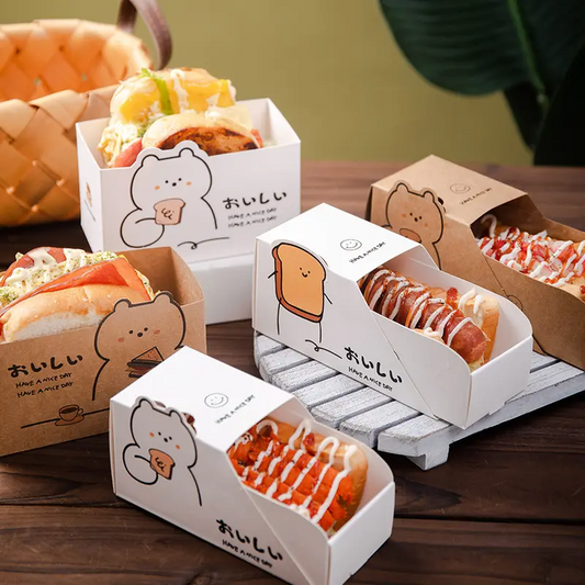 Caja de cajón de embalaje de papel de sándwich de gota de huevo de almuerzo de pan de desayuno de perrito caliente personalizado para alimentos