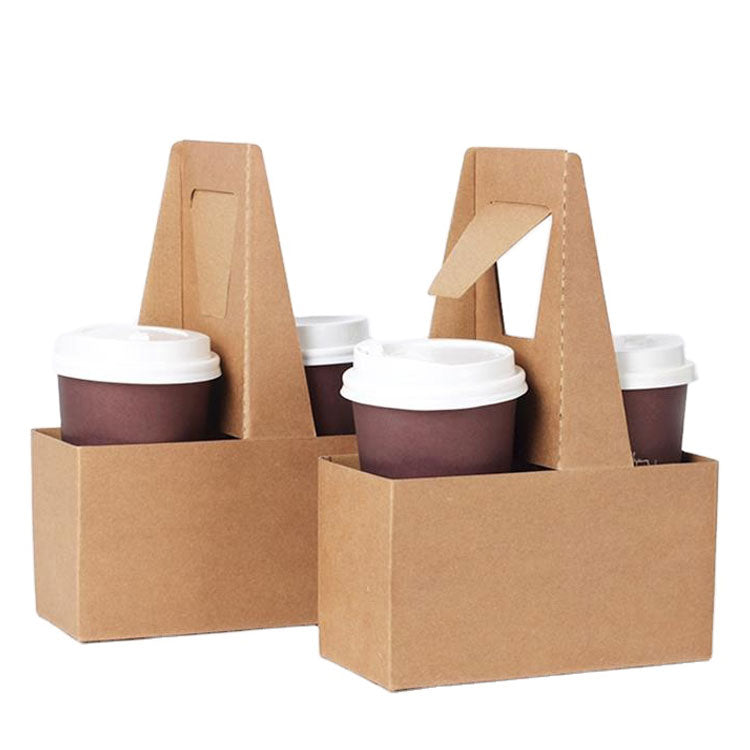Customized Take away Hot Drink Craft Dsposable Kraft Paper Cup Carrier Holder with Handle