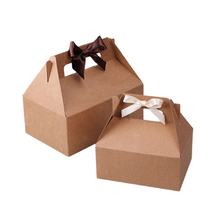 Brown Craft Cake Box Custom Printing Logo With Handle Wedding Box Packaging