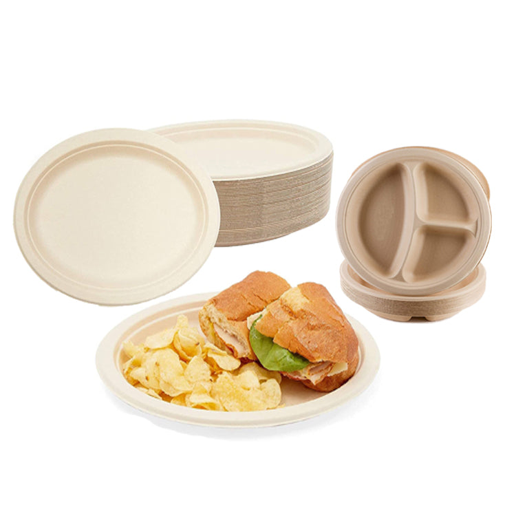 Customized Green Disposable Bagasse Pulp Tableware 9inch Compostable Bio Degradable Lunch Food Packaging Sugarcane Paper Plates