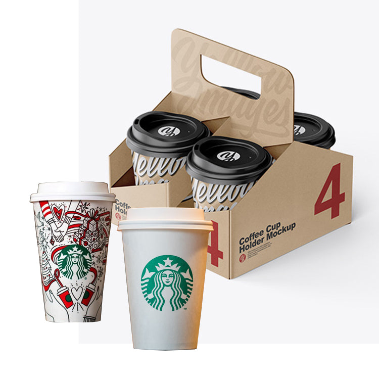 Customized Disposable Kraft Tea Coffee Carrier Paper Cup Holder With Handle