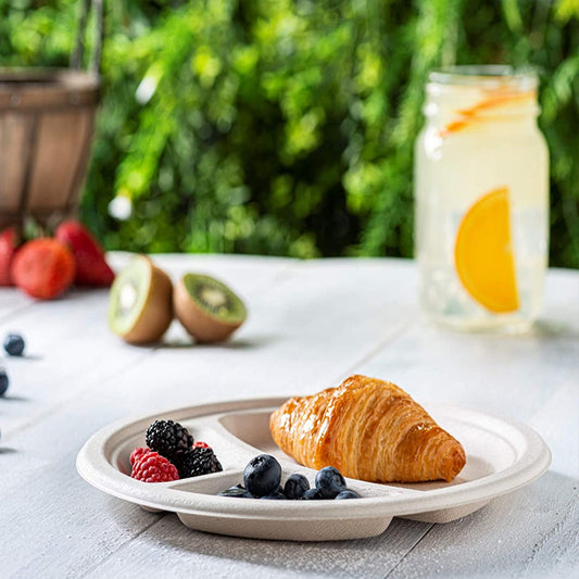 Compostable Heavy-Duty Brown Unbleached Eco-Friendly Disposable Sugarcane Paper 9 Inch 3 Compartment Plates - Fastfoodpak