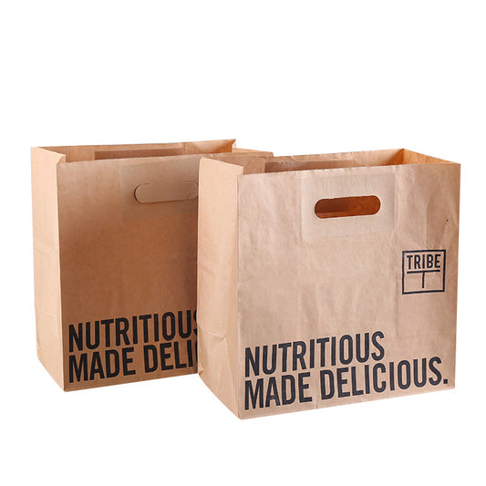 Venta al por mayor Kraft de grado alimenticio para llevar comida troquelada bolsa de papel empaquetado con logotipo