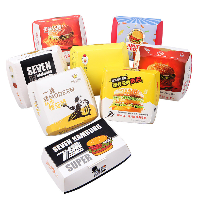 Bolsa de cartón reciclable Burger Fries Empaquetado con logotipo Caja de papel de comida rápida para llevar